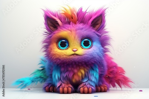 A fluffy multi-colored monster with blue eyes sits on a white surface. It has pink, purple, yellow and green fur.