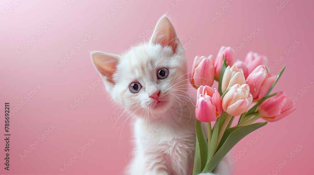 celebrate with your furry friend: explore an ai illustration of a kitten with pink tulips on a pink background celebrate with your furry friend: explore an ai illustration of a kitten with pink tulips on a pink background