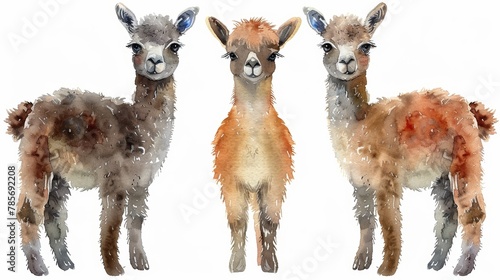 Watercolor Illustration of Three Adorable Lama Babies Standing Together Generative AI photo