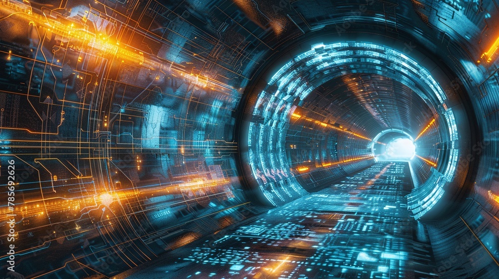 journey into the metaverse: explore a futuristic metaverse tunnel with polygon shapes and circuit boards journey into the metaverse: explore a futuristic metaverse tunnel with polygon shapes and circuit boards