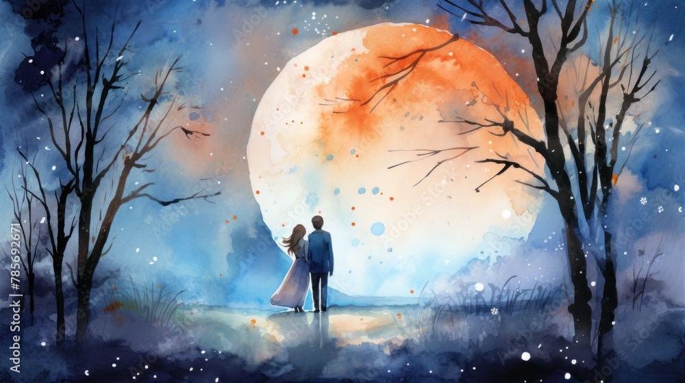 A watercolor couple stands under a large full moon. The sky is blue with white stars and orange clouds. There are bare trees on both sides. Valentine's Day.