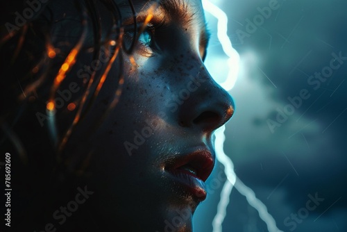 Close-up person lightning storm expression awe reverence raw power nature atmospheric weather dramatic courage resilience facing intense 02