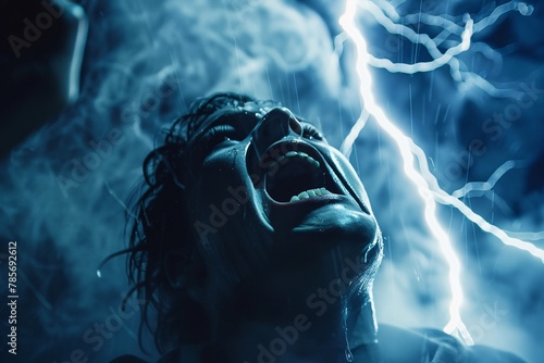 Close-up person shocked lightning storm intense emotion fear awe atmospheric dramatic 03 photo