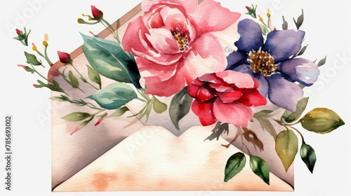 Watercolor Floral Envelope Art Generative AI photo