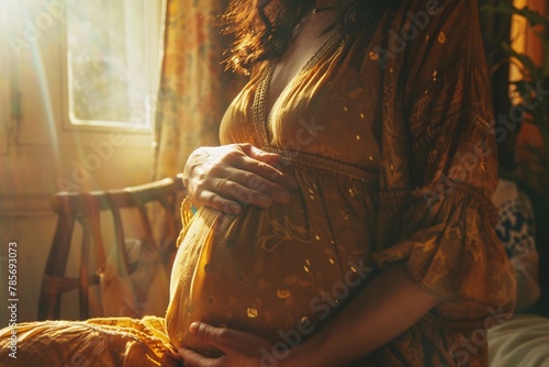 Close-up of a serene pregnant woman, soft golden light, hands cradling her belly with tenderness photo