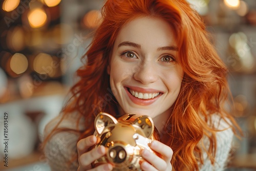 Close-up cheerful redhead woman clutching shiny piggy bank hands financial stability satisfaction 02