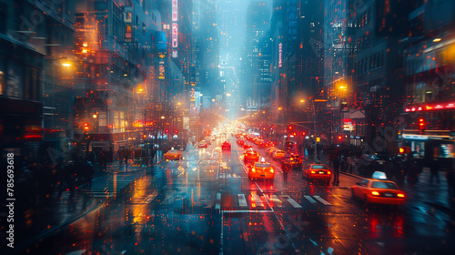 Urban Reflections. Motion Blurred Rain-Kissed Streets and City Lights. 