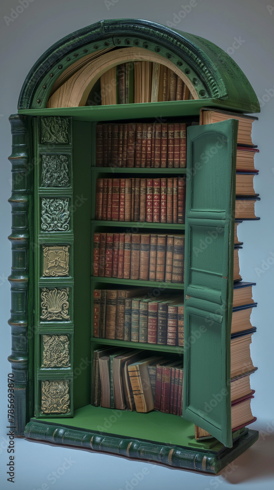 Green Arched Bookshelf with Classic Literature Collection, Perfect for Education Themed Backgrounds Green Arched Bookshelf with Classic Literature Collection, Perfect for Education Themed Backgrounds