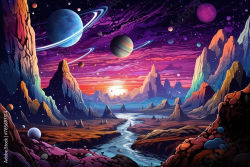 A colorful image of a planet with a river running through a valley between rocky mountains. Planets and stars are visible in the sky.