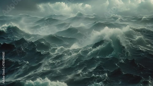 A large expanse of water is filled with numerous powerful waves crashing against the shoreline, Cinematic view of a stormy sea with waves photo