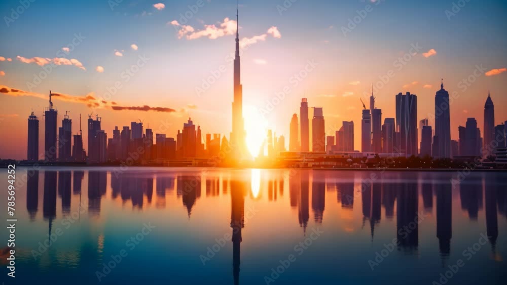 This stunning photo captures the beauty of a city at sunset, with its reflection shimmering in the water, City skyline being kissed by the first rays of sunrise This stunning photo captures the beauty of a city at sunset, with its reflection shimmering in the water, City skyline being kissed by the first rays of sunrise