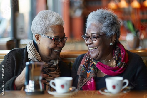 Adult twin sisters, sipping coffee together at a cozy café, sharing secrets and laughter