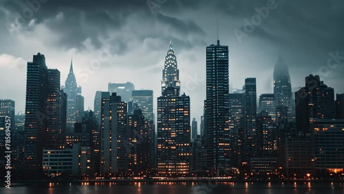 A cityscape ablaze with lights shines brightly against a dark and starless night sky, City skyline littered with skyscrapers in varying heights photo
