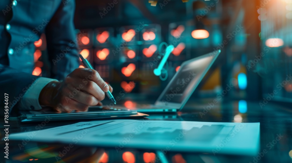 Businessman Analyzing Data at Night in Office Businessman Analyzing Data at Night in Office