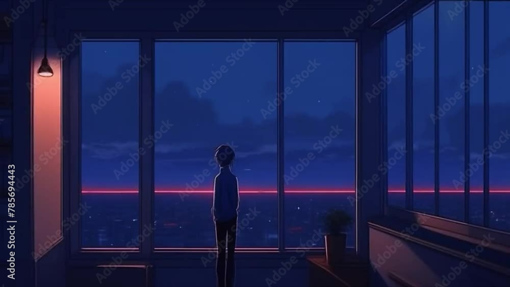 Animation guy at the window at sunset. lo-fi music background. Anime style. Man at the window overlooking the big city Animation guy at the window at sunset. lo-fi music background. Anime style. Man at the window overlooking the big city