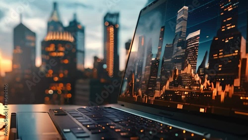A laptop computer is placed on top of a sturdy wooden table in a well-lit room, City skyline reflected in the screen of a stock trading laptop photo