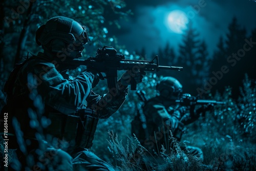 Soldiers with rifles in night-time forest operation