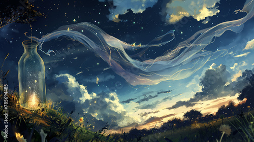 Fantasy landscape with a star-filled sky and a bottle emitting a cosmic glow, great for immersive game backgrounds and creative inspiration. photo