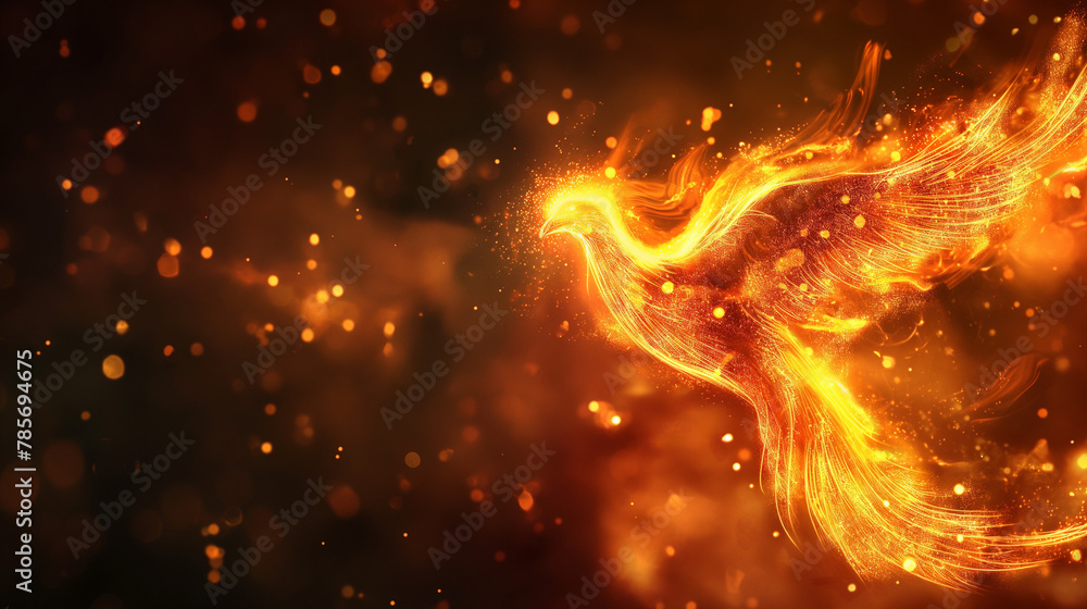 Fiery phoenix in flight against a dark backdrop, symbolizing rebirth and transformation, perfect for book covers and motivational posters - obrazy, fototapety, plakaty 