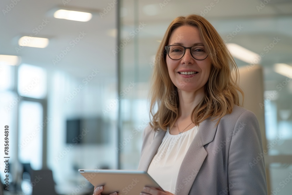 Smiling businesswoman with tablet in office Smiling businesswoman with tablet in office