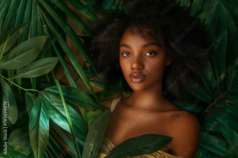 Stunning Young African American Woman Surrounded by Lush Green Leaves Stunning Young African American Woman Surrounded by Lush Green Leaves