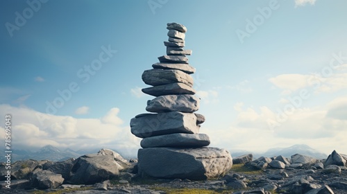 A tall stack of rocks stands on a rocky hillside. The sky is blue with white clouds.
