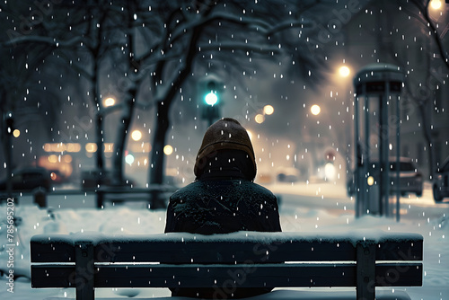 Solitary man on a park bench in winter, evoking themes of loneliness and seasonal affective disorder. photo