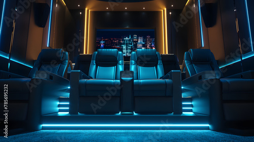 A high-tech home theater with plush seating and ambient lighting. photo