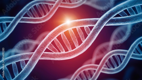 Close-up View of a Glowing DNA Double Helix Structure with Light Flare in a Dark Blue Background Illustrating Genetic Research and Biotechnology Concepts