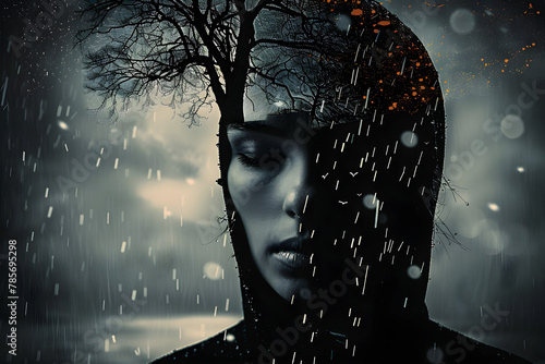 A poignant image depicting a person in the rain symbolizing the struggle with seasonal affective disorder, suitable for SAD awareness themes. photo