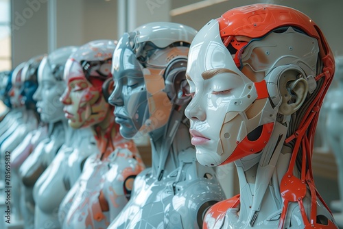 Line of humanoid robots with obscured faces