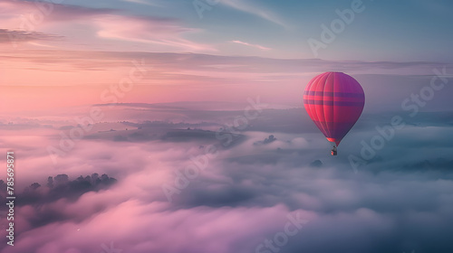 A hot air balloon floating gently over a fog-covered valley at dawn symbolizing the peacefulness and perspective gained from aerial travel. photo