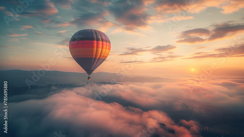 A hot air balloon floating gently over a fog-covered valley at dawn symbolizing the peacefulness and perspective gained from aerial travel. © Finn