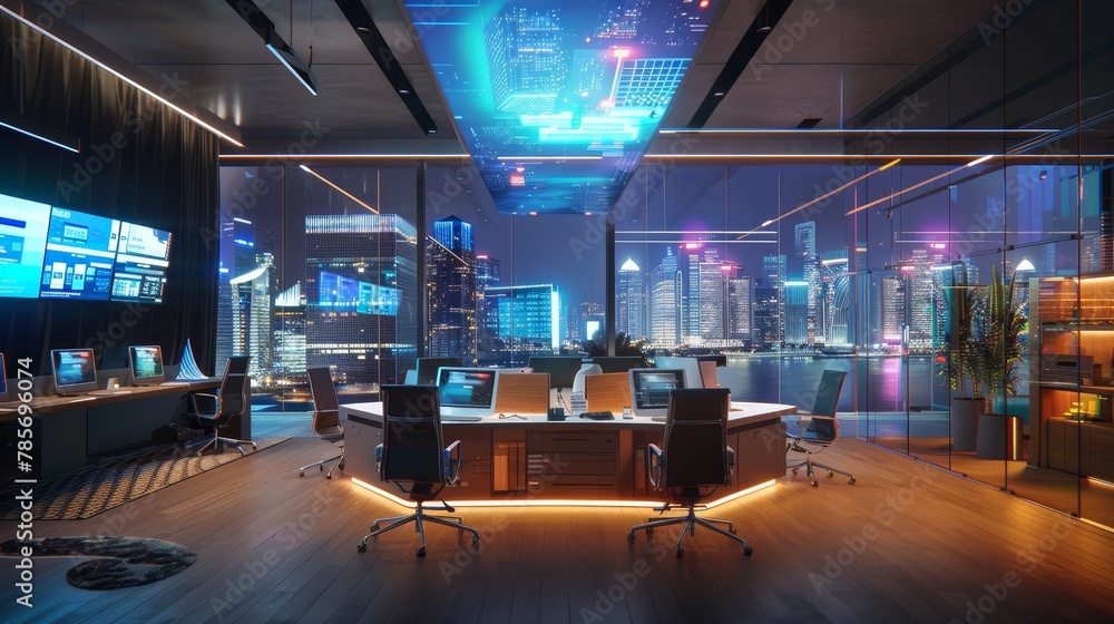 A 3d render of a futuristic office space with holographic displays  AI generated illustration