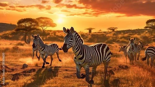 Photo group of zebras running across the african savannah on sunset ai generated image photo