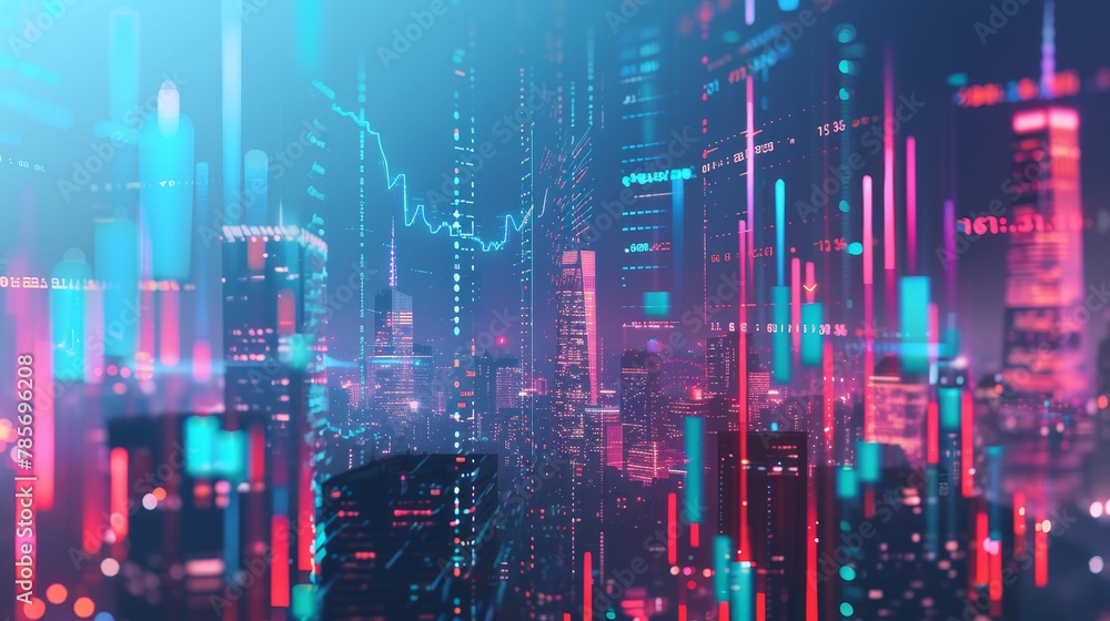A 3d visualization of a city skyline with financial data overlaid on top AI generated illustration A 3d visualization of a city skyline with financial data overlaid on top AI generated illustration