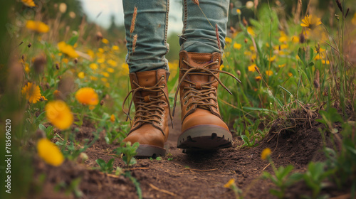 Person walking through a meadow in hiking boots. Perfect for nature blogs, eco-tourism promotion, and adventure lifestyle marketing.