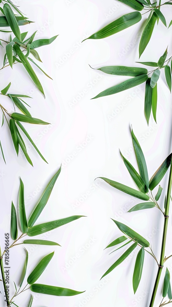 Naklejka premium Detailed view of a bamboo plant featuring leaves and trunks, set against a clean white background.