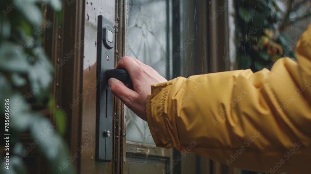 A close-up of a delivery persons hand ringing a doorbell AI generated illustration A close-up of a delivery persons hand ringing a doorbell AI generated illustration