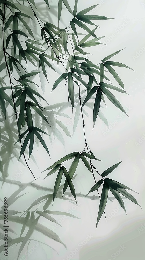 Obraz premium Detailed view of traditional Chinese green waterink watercolor bamboo plant on cloudy day