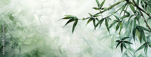 Detailed painting of a bamboo tree with lush green leaves  showcasing traditional waterink artistry