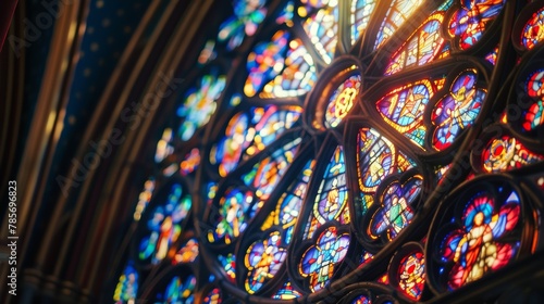 A close-up of a stained glass window in a Gothic cathedral AI generated illustration