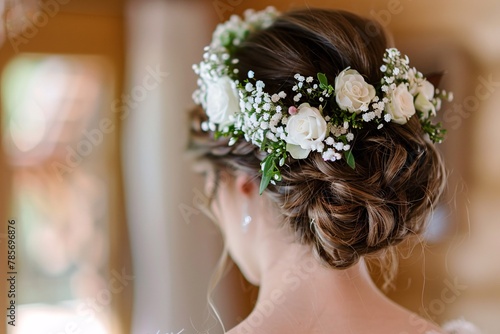 Intimate view of the bride's intricate hairstyle, adorned with delicate flowers, framing her face with elegance 01