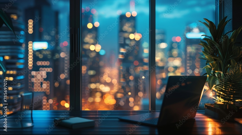 A closeup rendering of a desk in a workspace surrounded by city lights  AI generated illustration