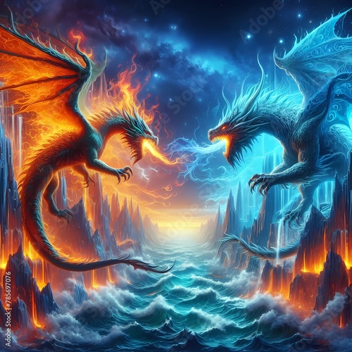 two dragon and fire fantasy landscap