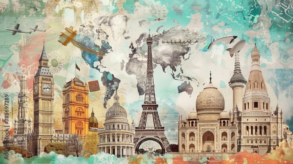 Obraz premium A collage of iconic architectural landmarks from around the world AI generated illustration