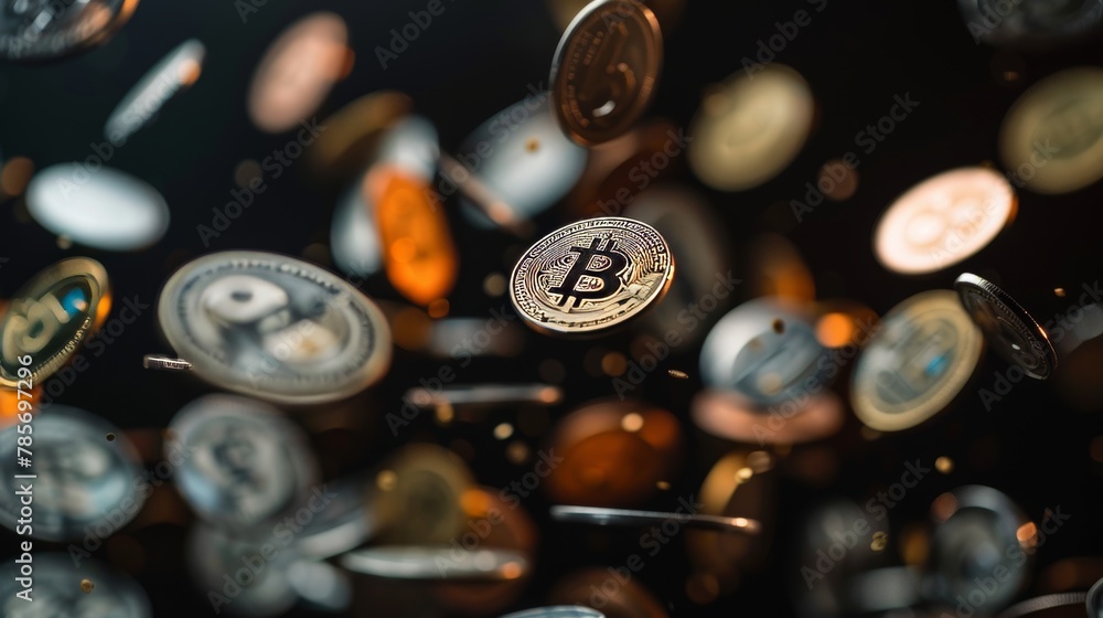 A collection of flying coins and dollar bills in a dark background AI generated illustration A collection of flying coins and dollar bills in a dark background AI generated illustration