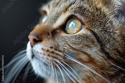 A captivating close-up image of a cat's face focusing on its striking amber eyes reflecting a complex, detailed scene