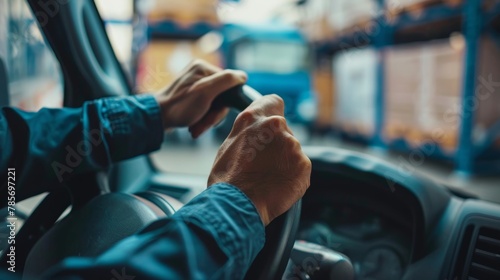 A close-up view of a delivery persons hand gripping a steering wheel AI generated illustration