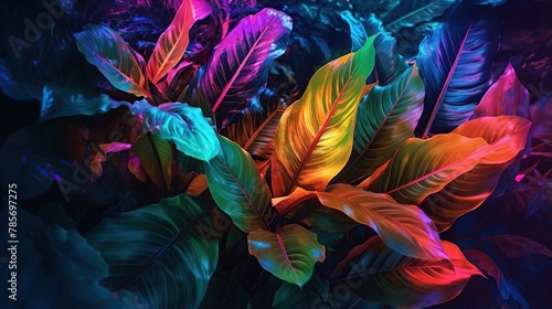 Creative fluorescent color layout made of tropical leaves